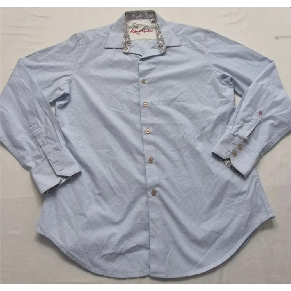 Robert Graham Classic fit men's white/blue strip bird pattern button up shirt LG